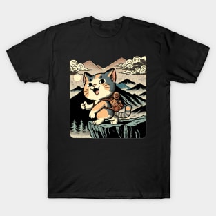 Vintage Japanese Art Sports Hiker Mountain Climbing Cat T-Shirt